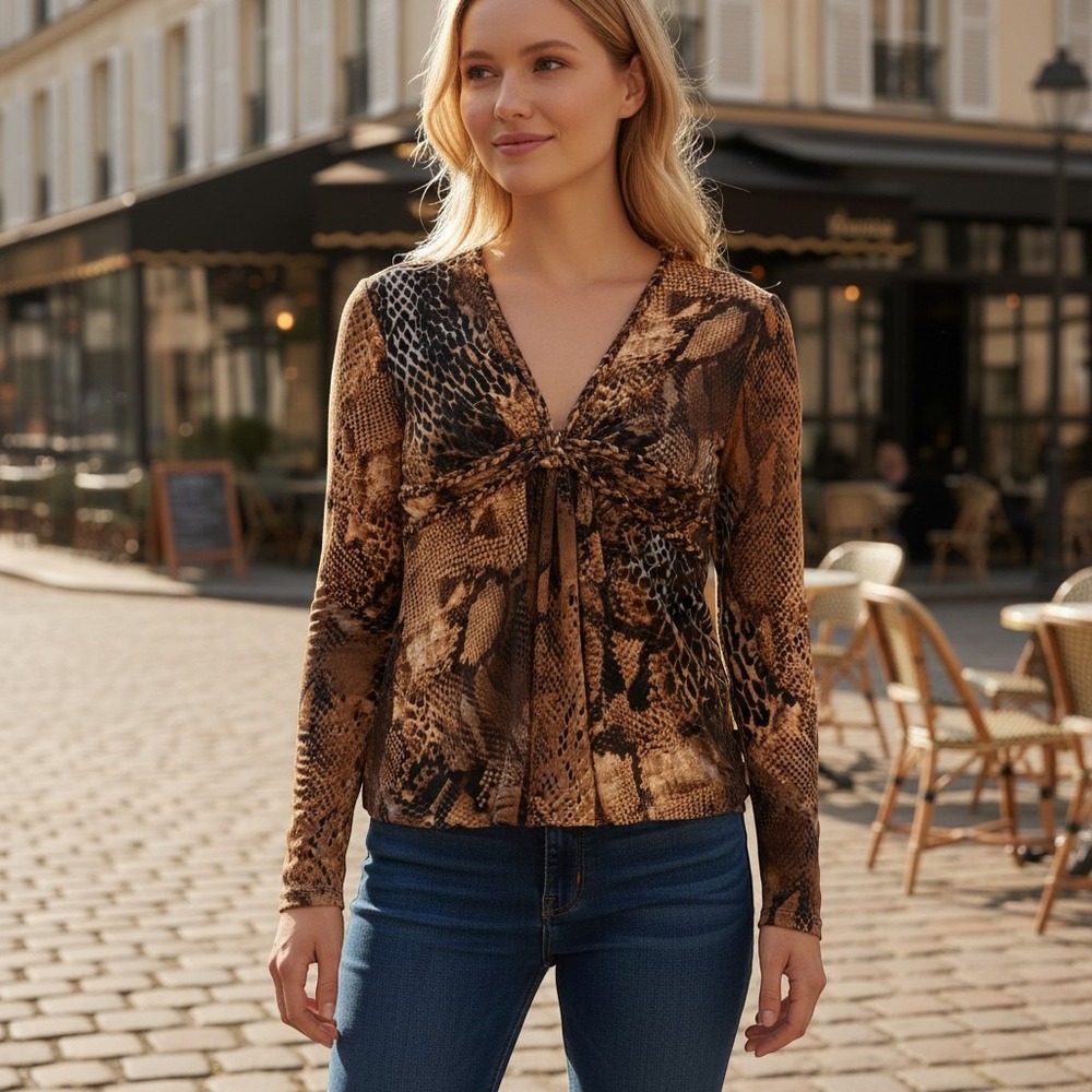 Carmen Marc Valvo Snakeskin Print V-Neck Braided Empire Waist Top Brown XS